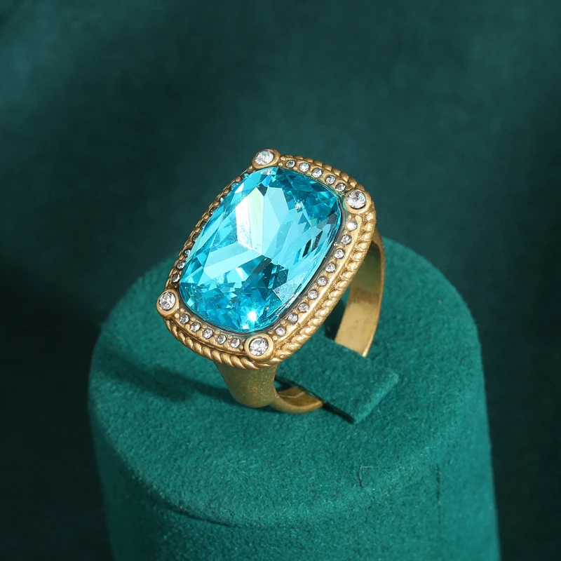 Vintage Sea Blue Rectangular Crystal Ring Gold Color Luxury Design Antique with Rhinestones Copper Jewelry Accessories for Women