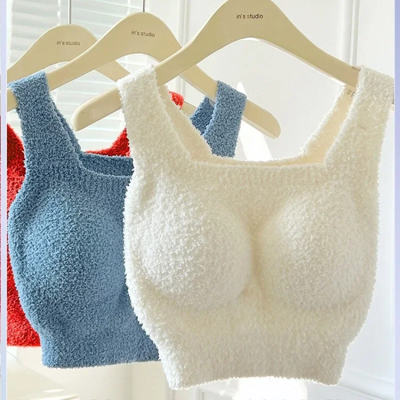 Lamb Plush Padded Warm Vest Without Wearing Bra One Piece Women Plush and Thickened Autumn and Winter Underwear