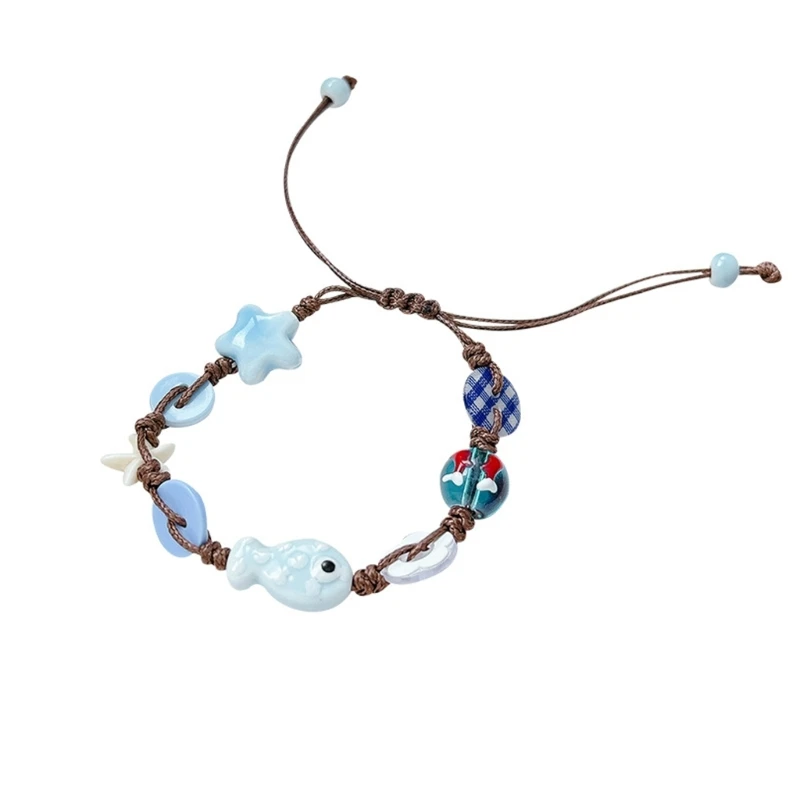 62KE Stretchy Blue Chessboard Handmade Bracelet Ceramic Beads Resin Nylon Cord Adjustable Wristband Youth Accessory