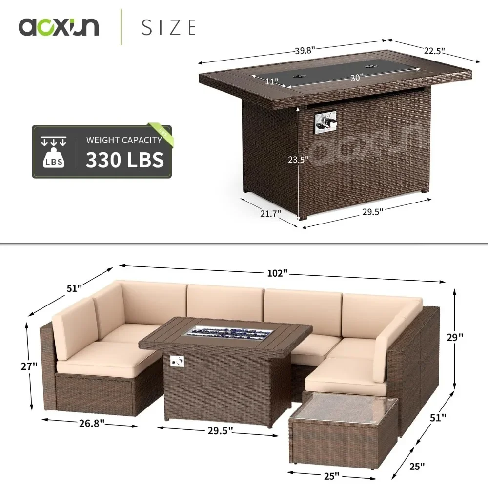 Móveis de vime com mesa de café, conjuntos de sofá ao ar livre, móveis de jardim, Fire Pit, 40 ", 8 pcs