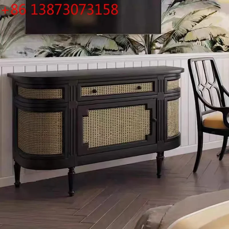 

American retro solid wood black porch French neoclassical rattan dining side cabinet