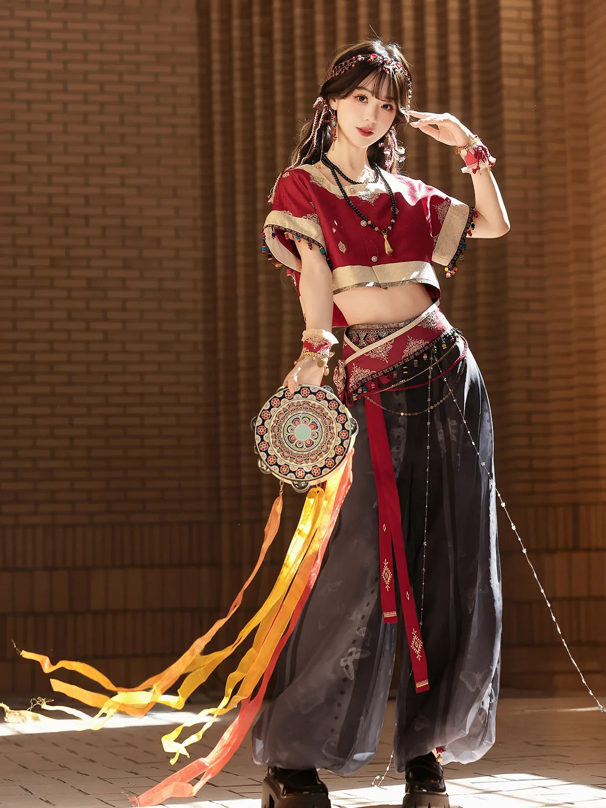 Women Bohemian Ethnic Costume Retro Crop Top Harem Pants Tassel Outfit for Photoshoot Stage Halloween