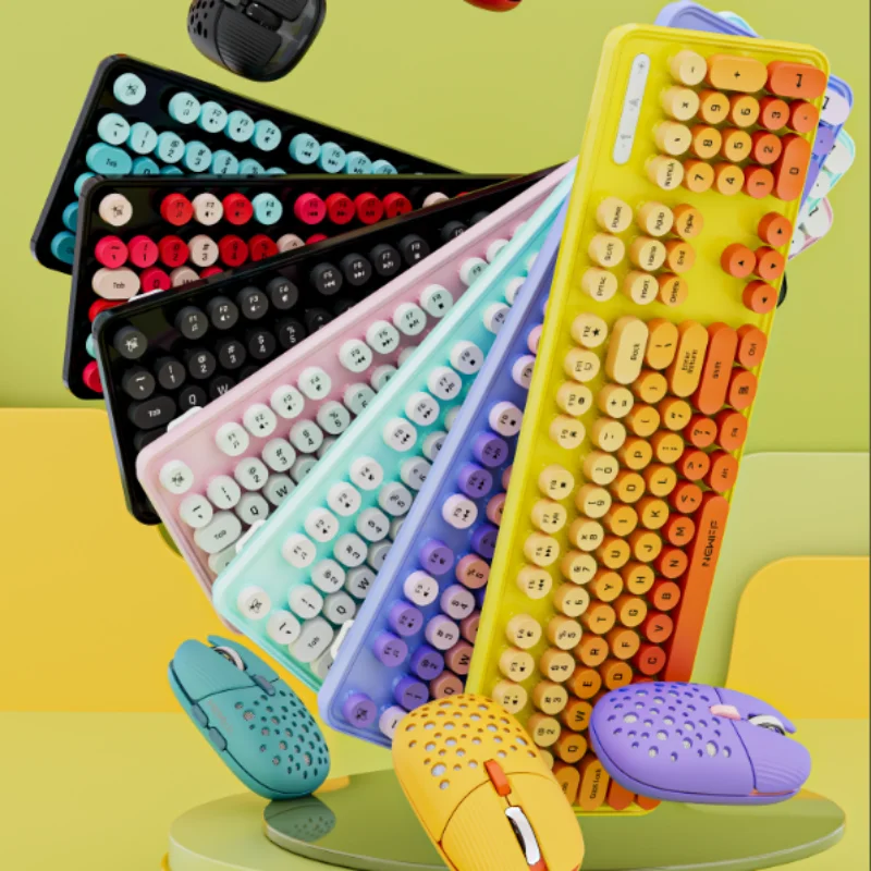 104Keys 2.4G Wireless Keyboard Mouse Set Gaming Ergonomic Colorful Retro Round Keycap Keyboard Mouse Combo for Laptop Desktop