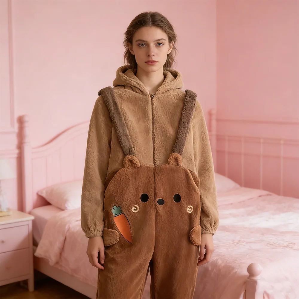 

Brown Bear Animal Jumpsuit Pajamas Adult Cosplay Onesie Women's Autumn and Winter Warm Sleepwear Homewear Flannel Loungewear