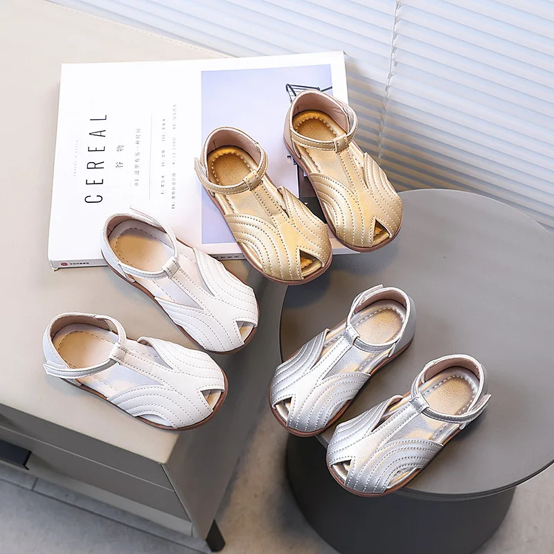 

Детские сандалии для девочек, летние, с открытым носком, однотонные, на плоской подошве, из искусственной кожи, повседневные, универсальные, размеры 21-30