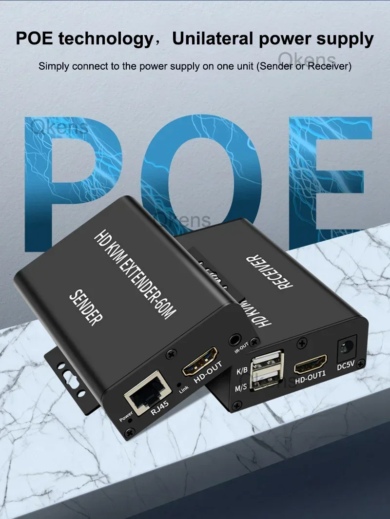 Przedłużacz HDMI KVM 60M przez kabel Ethernet Cat6 Nadajnik i odbiornik audio-wideo Obsługa klawiatury USB Mysz Jeden zasilacz — zdjęcie produktu 3