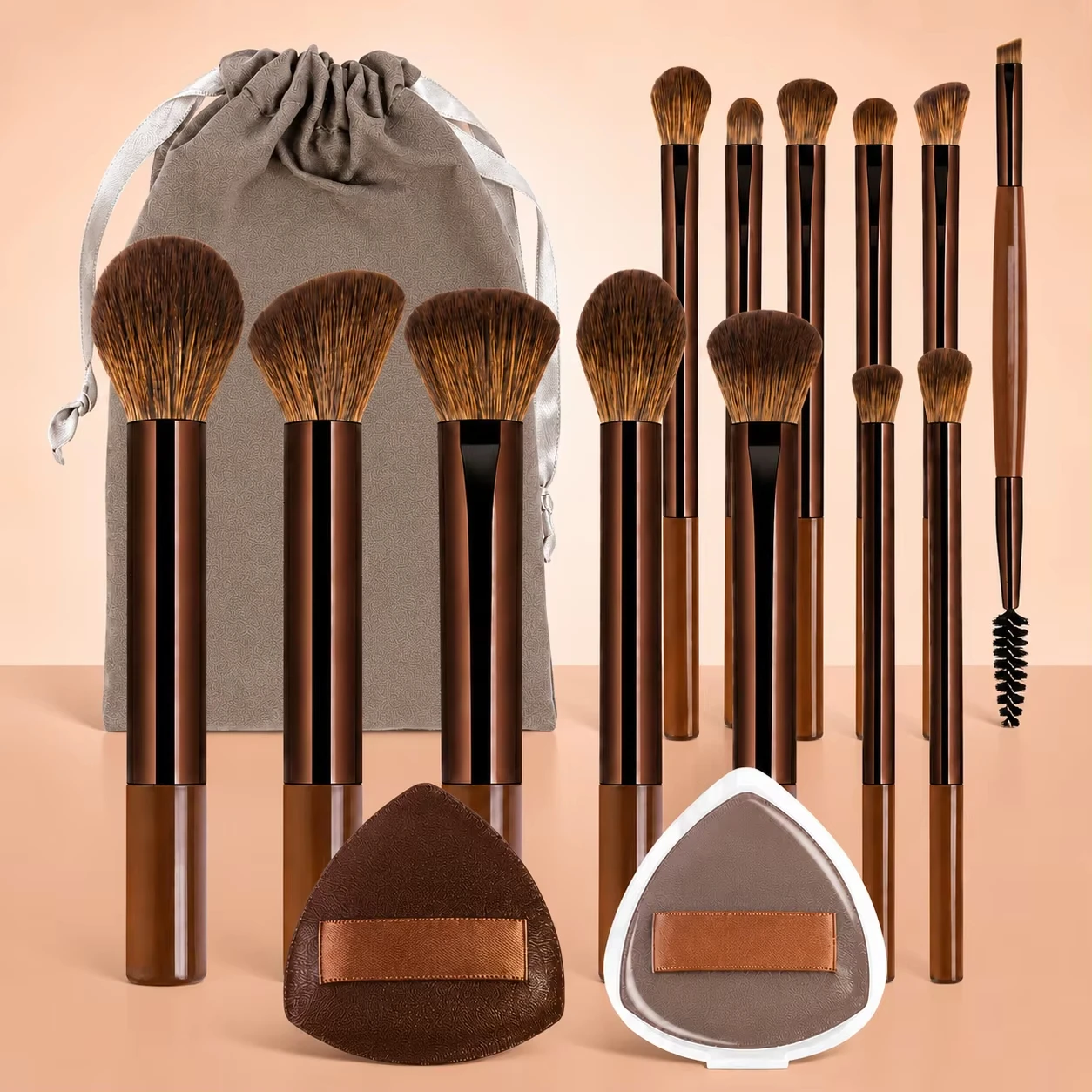 16-teiliges Make-up-Set mit 13 Make-up-Pinseln + 1 Make-up-Tasche + 2 Luftquasten-Zubehörteilen, Foundation-Pinsel, Rouge-Pinsel.