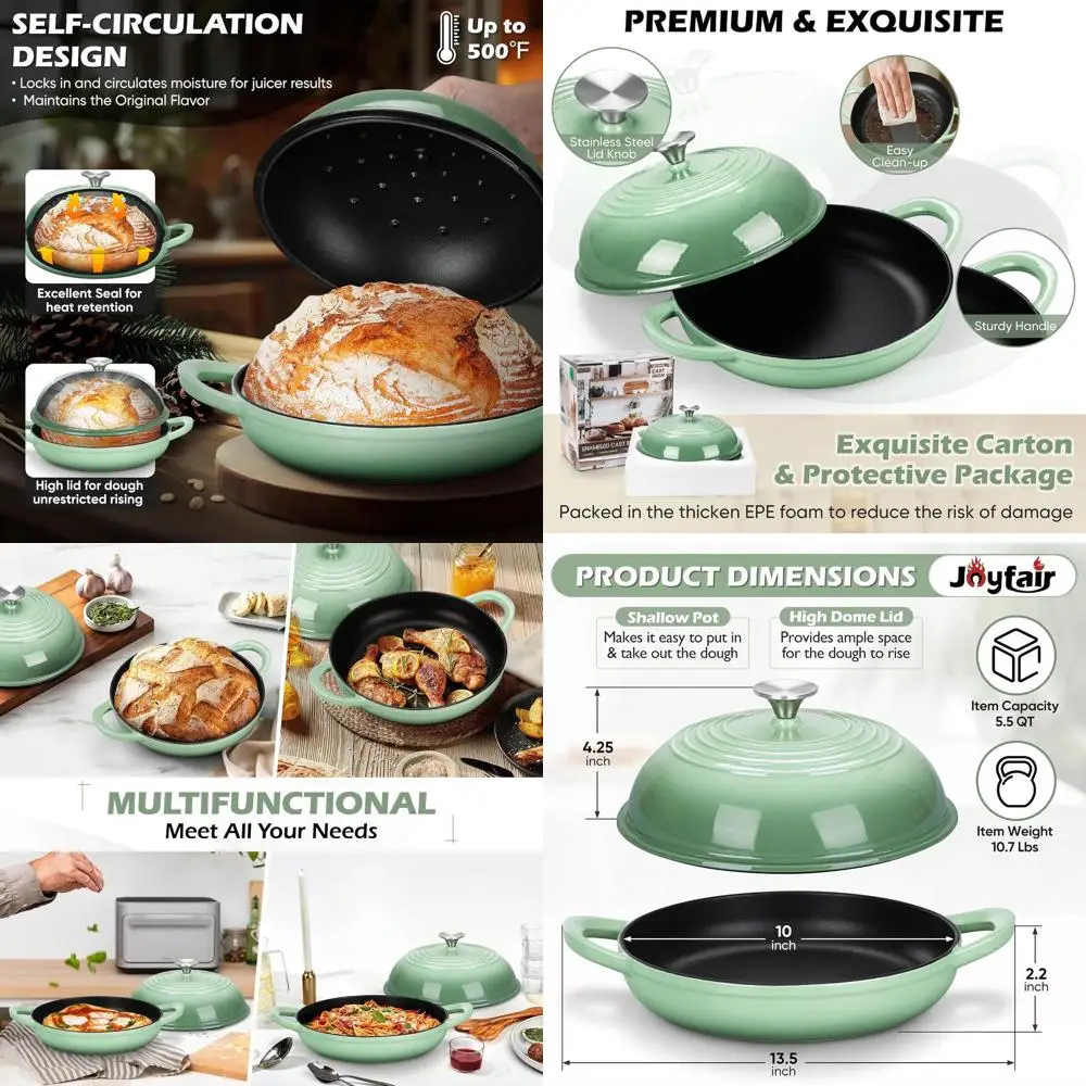 

Enameled Cast Iron Dutch Oven, 5.5 QT, Non-Stick, Dual Handled, Oven-Safe to 500°F, Pistachio Green, Ideal for Sourdough Baking