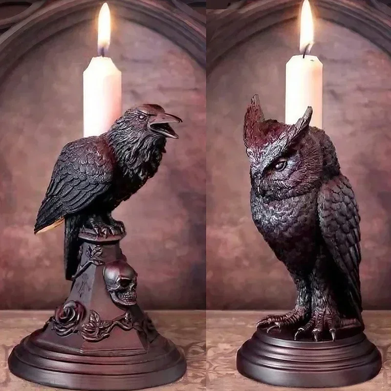 Retro Gothic Black Crow Candle Holder Halloween Statue Owl Home Room Decoration Resin Candle Holder Sculpture Craft Ornament