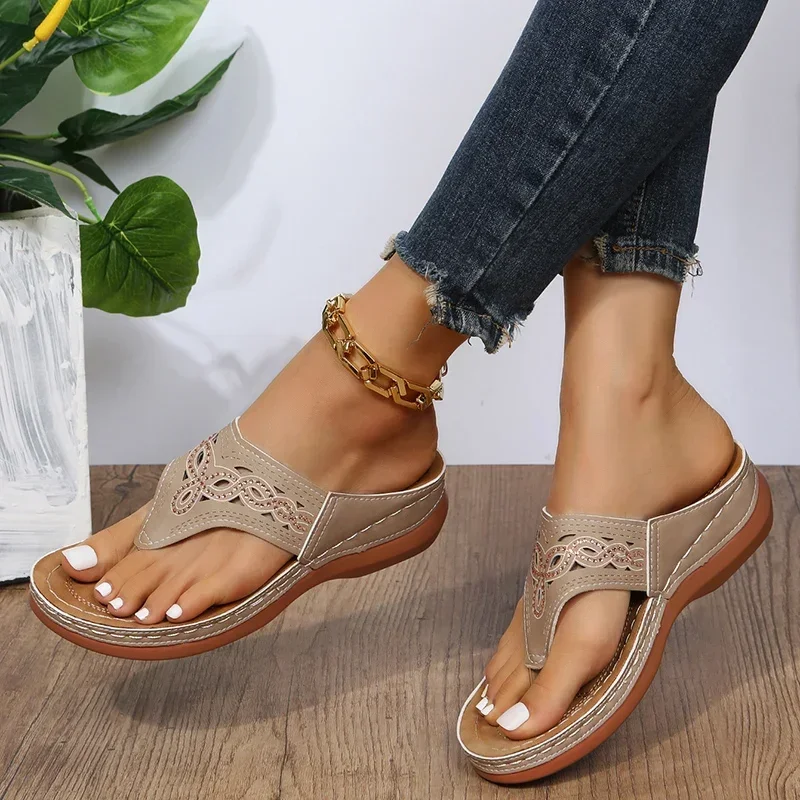 Women Platform Sandals Beach Casual Wedges Flip Flops Premium Orthopedic Open Toe Big Toe Anti-slip Outdoor PU Leather Shoes