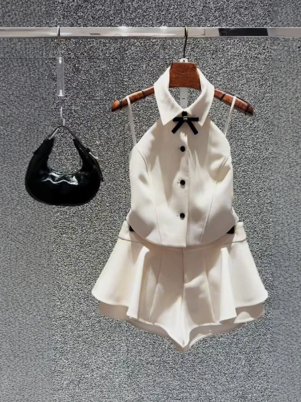 

Chic Spring Summer Knot Collar Hanging Neck Backless Top Half Skirt Pants Two Piece Set Women's Fashion Ensemble