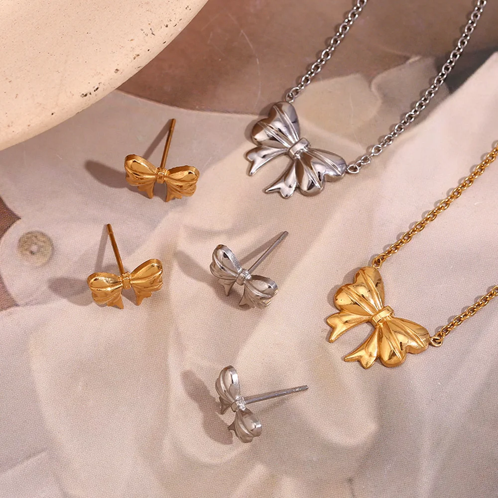 New Stainless Steel Simple Design New Girls Gold Plated Bow Fashion Necklace Jewelry Bowknot Stud Earrings For Women