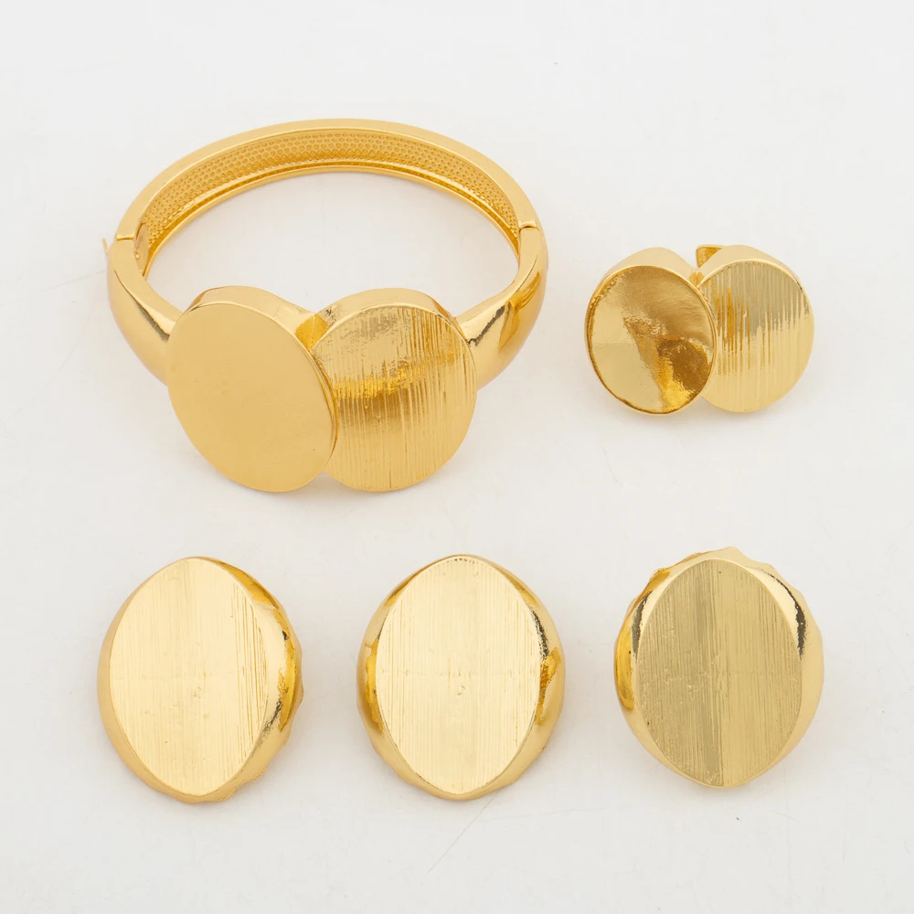 Trend Gold Color Jewelry Set for Women Weddings Engagement Clip Earrings and Bangle Ring 3Pcs Set Elegant Bridal Jewellery Gifts
