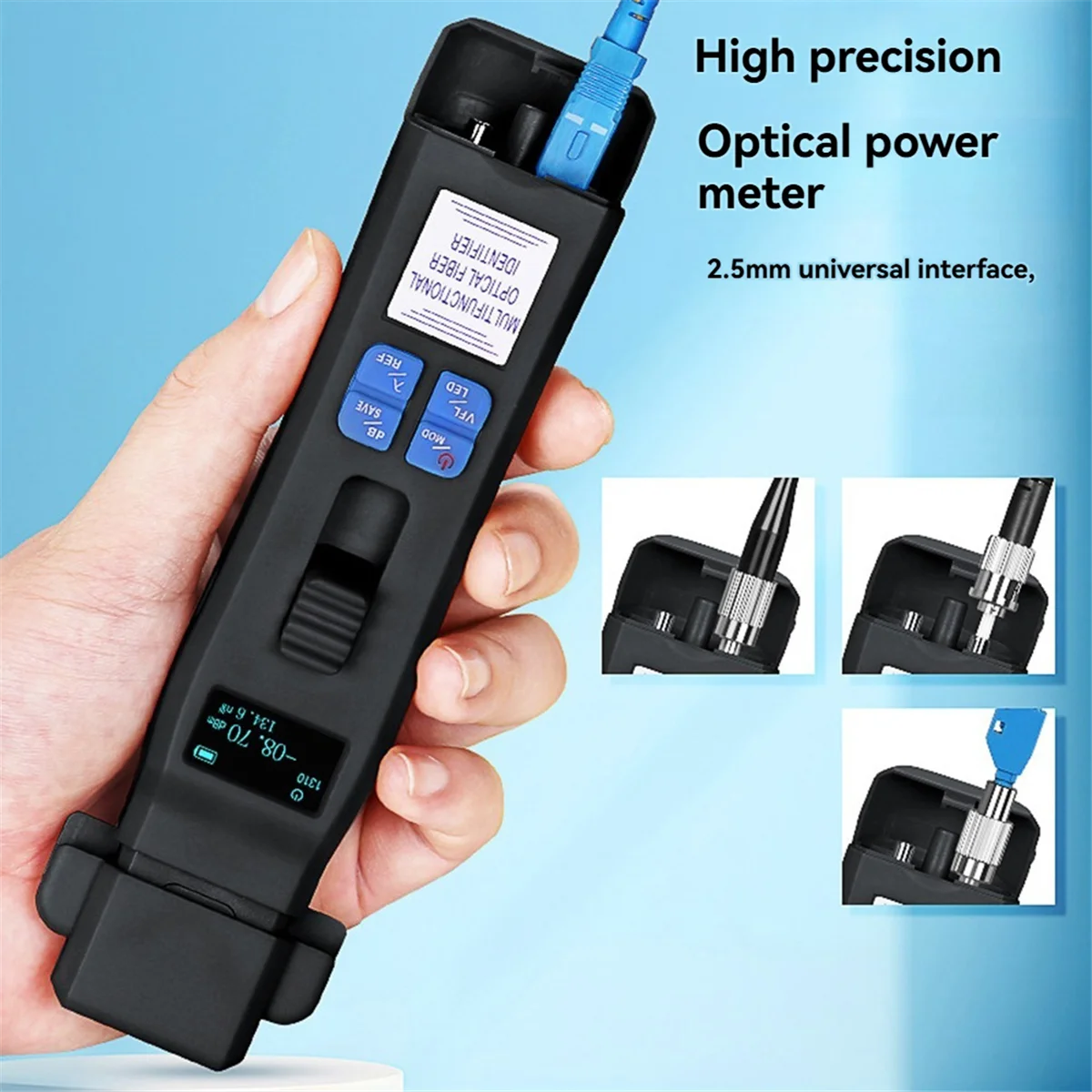 ATP5 أسود -C605 معرف الألياف الضوئية القابل لإعادة الشحن + OPM + VFL + أداة اختبار كابل الألياف الضوئية LED أداة FTTH