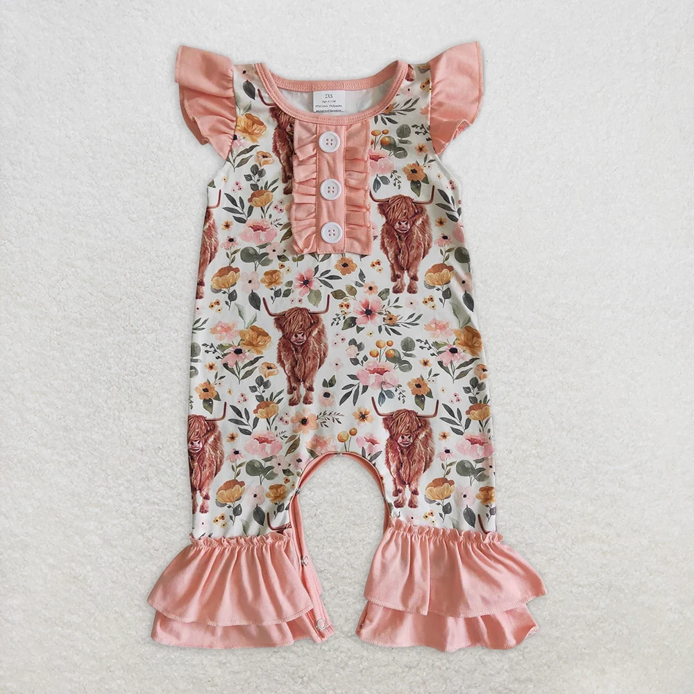 

Baby Girls Western Highland Cow Print Romper with Flutter Sleeve Ruffle Cute Animal Theme Outfit for Infants
