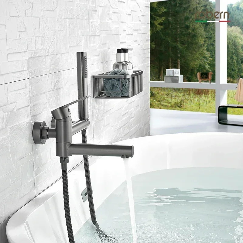 Bagnolux Brass Black Wall-Mounted Bathtub Faucet - Hot/Cold Mixed Spout with Hand Spray & Shower Seat view 2