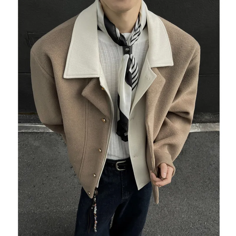 

Autumn Winter Men's Woolen Coat Fake Two-Piece Design Collar European Velvet Fabric Stand Fit Long Sve Single Button