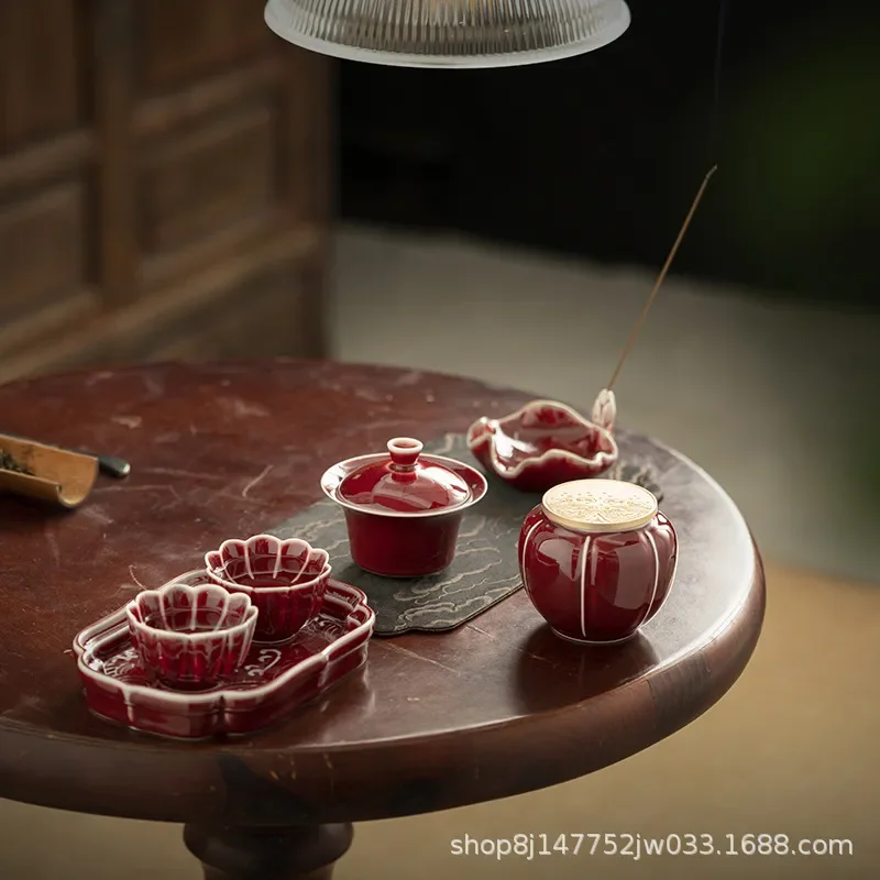 Langhong Glaze Kiln Treasure Kung Fu Tea Set Wedding Tea Making Tea Cover Bowl Teapot One Pot Two Cups Flower God Cup
