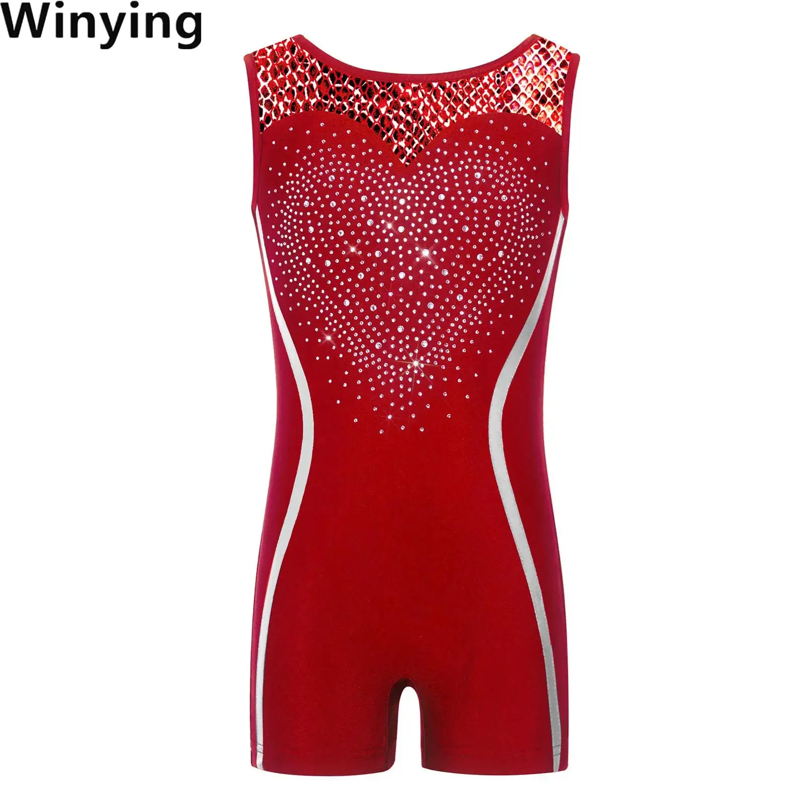 

Kids Girls Yoga Leotards Ballet Figure Skating Performance Costumes Sleeveless Rhinestones Printed Unitards Gymnastics Jumpsuit