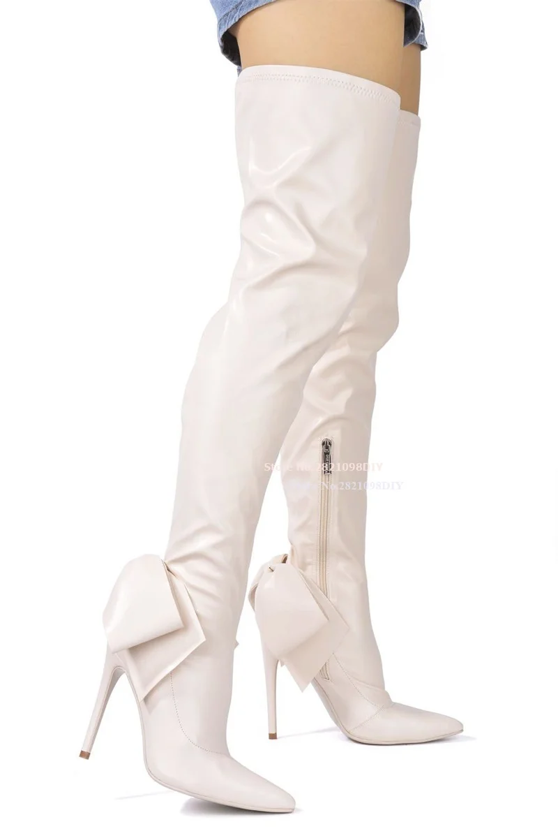 

Ivory Stretch Fabric Thin Heeled Over The Knee High Boots Women Slim Fit Back Butterfly Knot Pointed Toes Thigh Long Bota