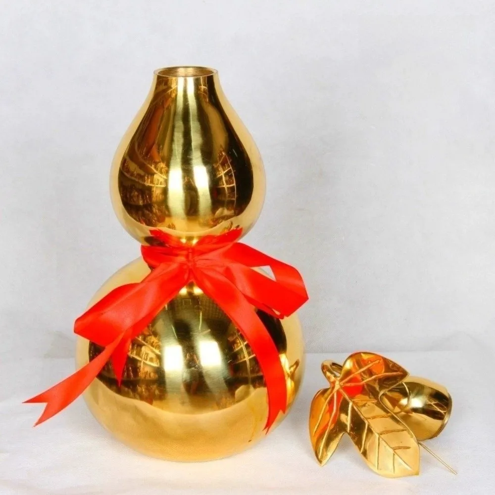 4/4.5 Inch Brass Gourd Statue with Cover Smooth Wealth Gourd Figurine Home Decor Band Leaf Gossip Gourd Crafts Chinese Luck