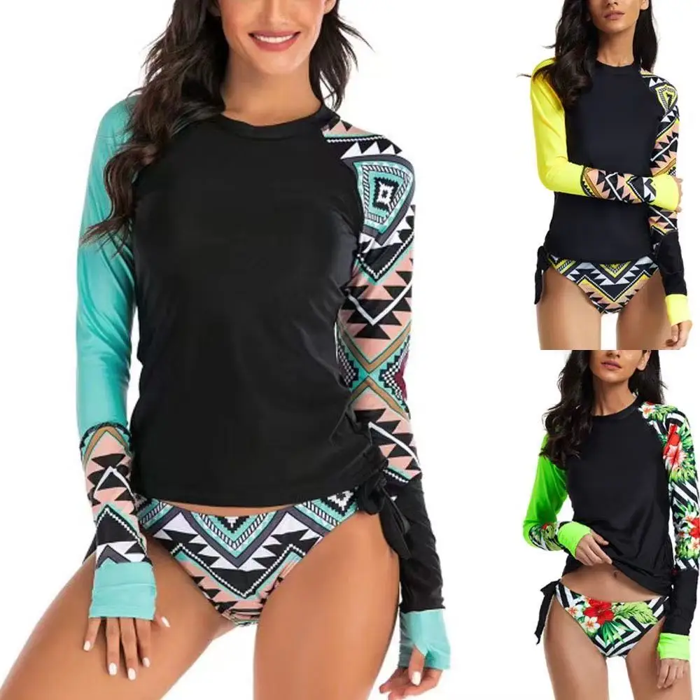 2026 2 Piece Women's Long Sleeve Low Waisted Bikini Set UV Protection Print Rash Guard Shirt And Swimsuit Bottom Bathing Suits
