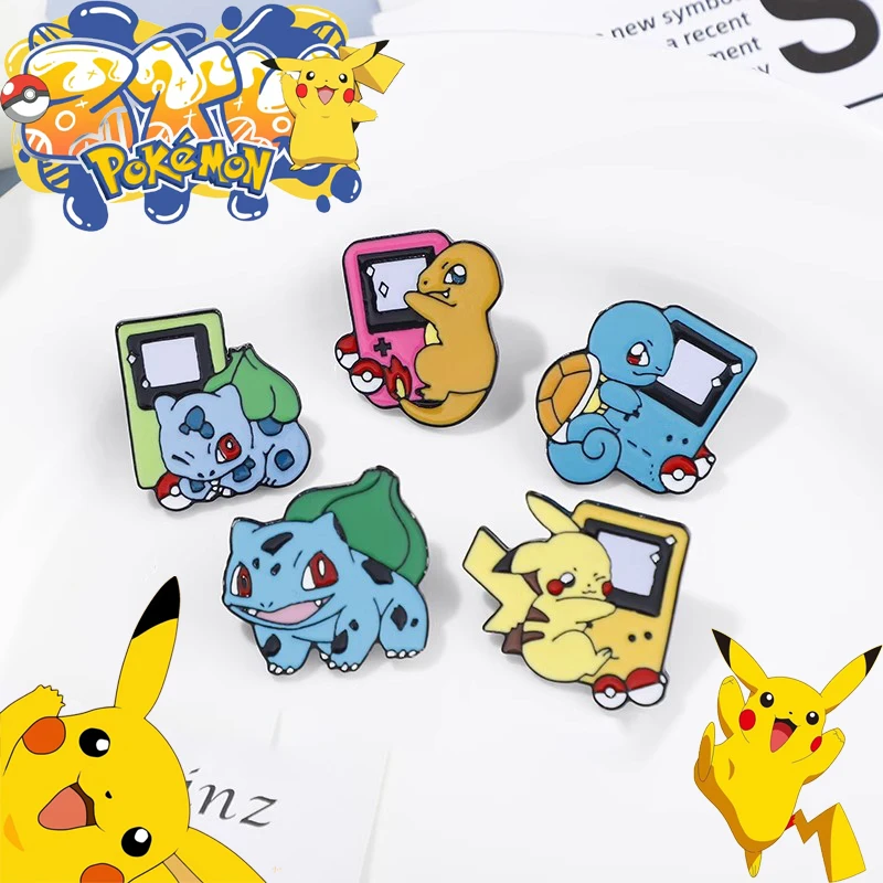 2024 New Pokémoned Pikachu Alloy Painted Enamel Cute Game Console Brooch Anime Character Charmander Squirtle A Gift for A Friend