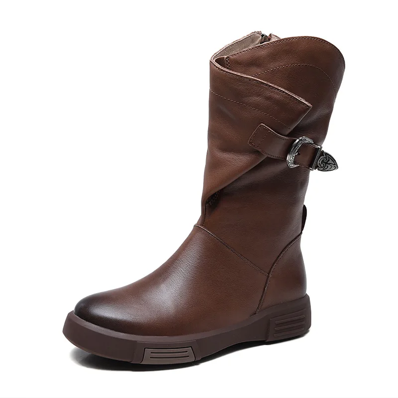 

2024, роскошные дизайнерские ботинки до середины икры из натуральной коровьей кожи, женские теплые рыцарские сапоги на плоской подошве с боковой молнией и круглым носком, осень-зима