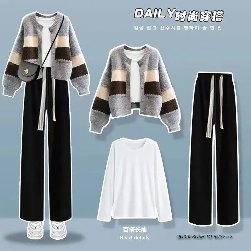 Leisure professional suit women's suit 2024 new sweet style outfit with knitted sweater and wide leg pants three piece set