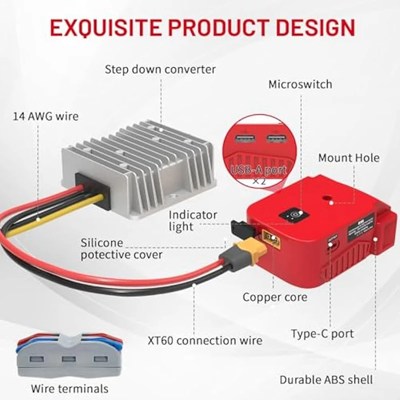 2Set 18V To 12V Step Down Converter For M18 Power Wheels Battery Adapter, DC 12V 20A 240W Buck Converter Regulator