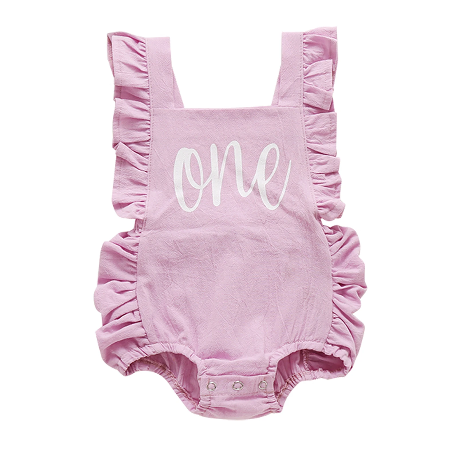 

Adorable Infant s Jumpsuit Ruffle Trimmed Romper with Elasticized Leg Openings and Embroidered Words for Warm Weather Fun