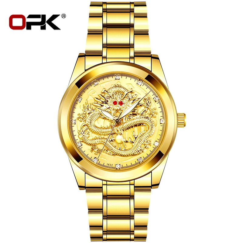 Opk gold quarzuhr für männer leuchtende wasserdichte luxus mode drachen uhren edelstahl armband herren kleid armbanduhren