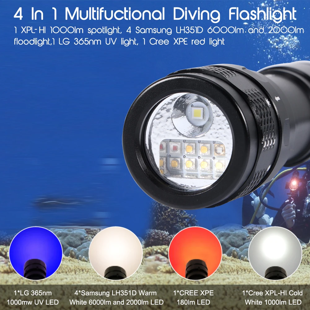 APLOS AP70C Dive Flashlight Mulit Color LED White Red Light Rechargeable Rotary Switch Waterproof Powerful 26650 Flood and Spot