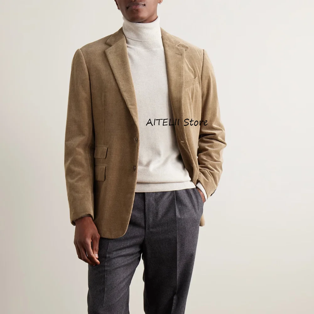 

Мужские повседневные пиджаки с лацканами, пиджаки для мужчин, винтажные однобортные модные костюмы из вельветовой ткани с двумя пуговицами, блейзер