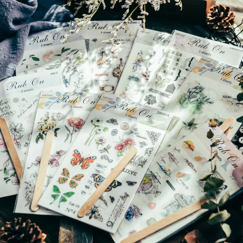 Vintage ästhetische Reiben auf Aufkleber Scrapbooking liefert Kunst Pflanze Blatt Schmetterling Transfer Aufkleber Journaling DIY Dekoration