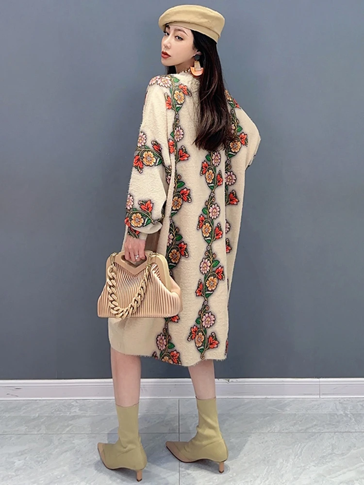 SHENGPALAE Floral Sweater Dress For Women Vintage Versatile O-Neck Full Sleeve Knitting Robe Vestido 2024 Autumn New Tide 5R8649