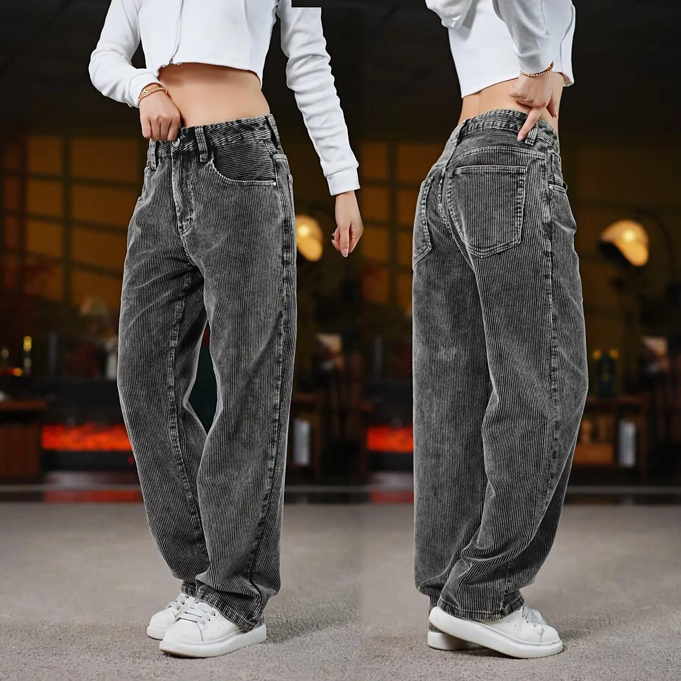 

Men's Corduroy Jeans mid Waist Straight Leg Loose Fit Washed out Thick Stripe Pattern Casual Business Style Autumn Winter