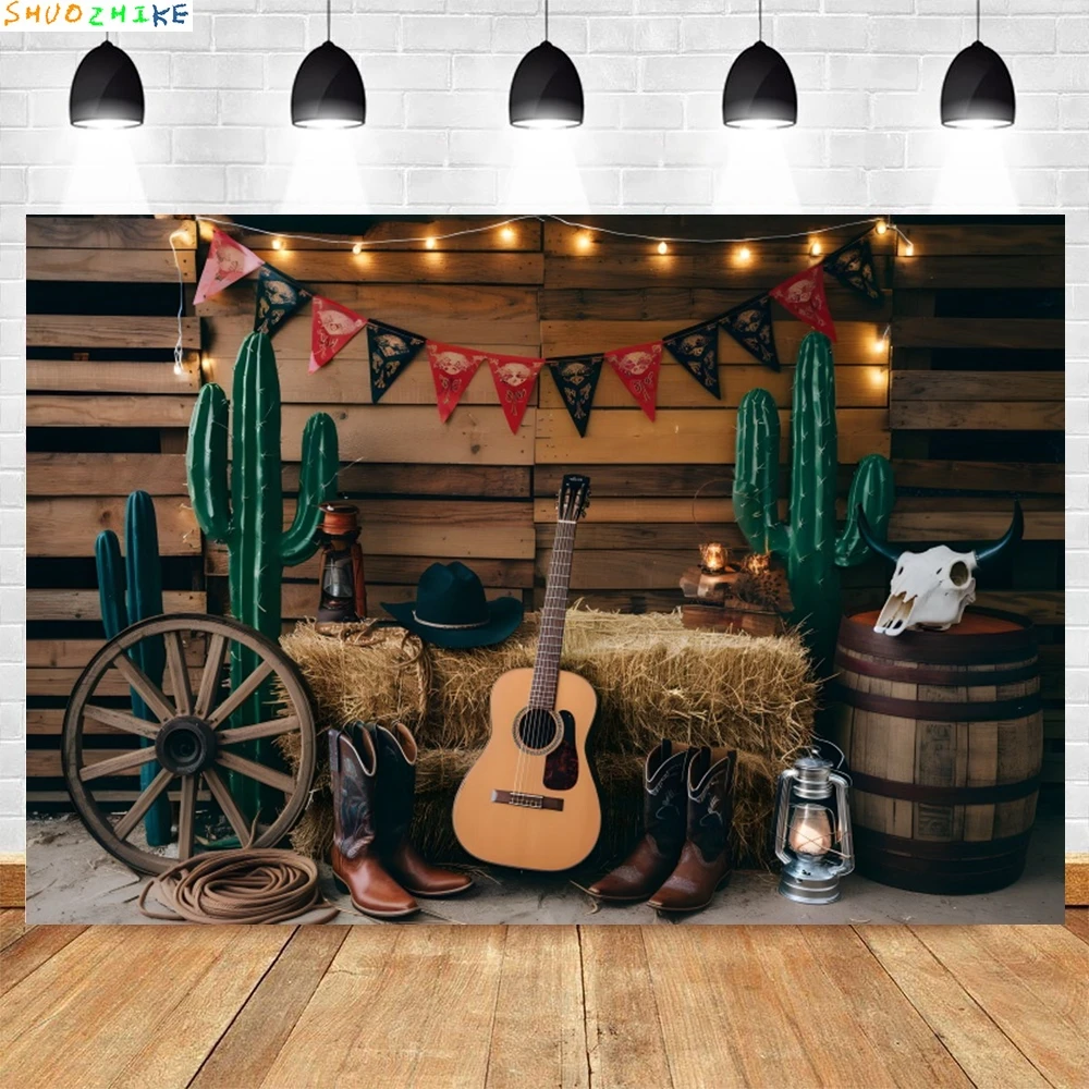 Western Party Photography Backdrop Cactus Haystack Guitar Boots West Cowboy Birthday Party Photo Background Decor Photostudio
