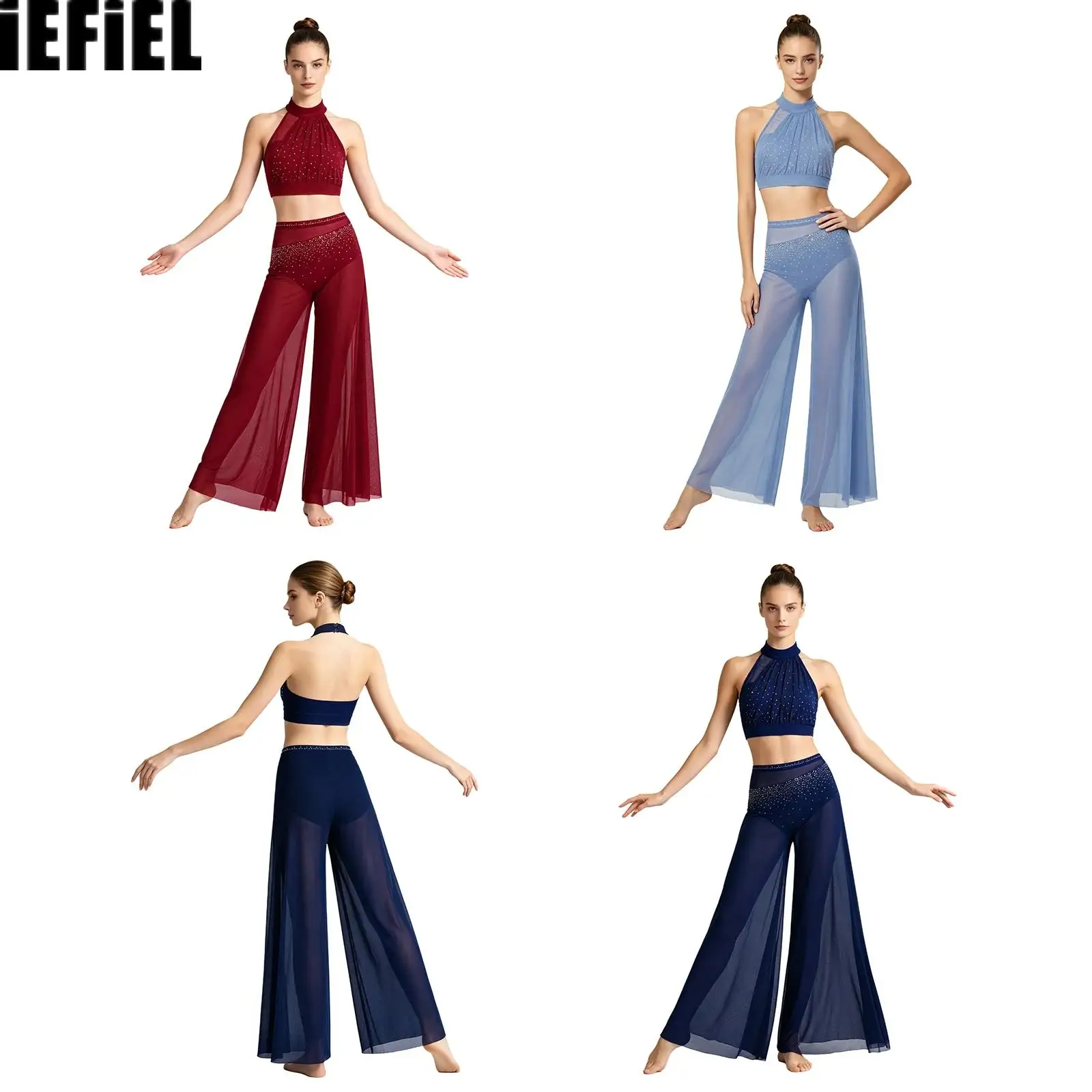 Women Halter Neck Sleeveless Top Rhinestone Mesh Tulle Patchwork Crop Top with Elastic Waistband Built-in Bottoms Wide-leg Pants