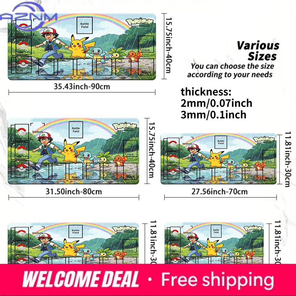 Pokemon Ash Pikachu & Kanto Starters Rainbow River Large Gaming Mouse Pad, Non-Slip TCG Playmat Desk Mat