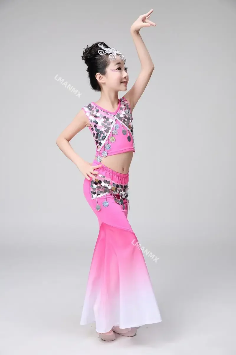 nowe dzieci dziewczyna chiński kostium taneczny zestaw kostiumów scenicznych dla kobiet Dai etniczna sukienka do tańca pawia ubrania do tańca