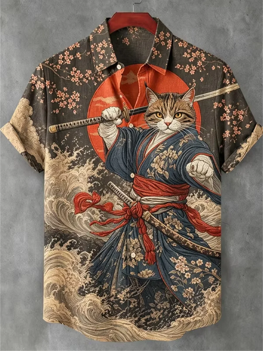 

Samurai cat style men's short sleeved linen shirt, button design, digital printing, casual and comfortable, fashionable dressing