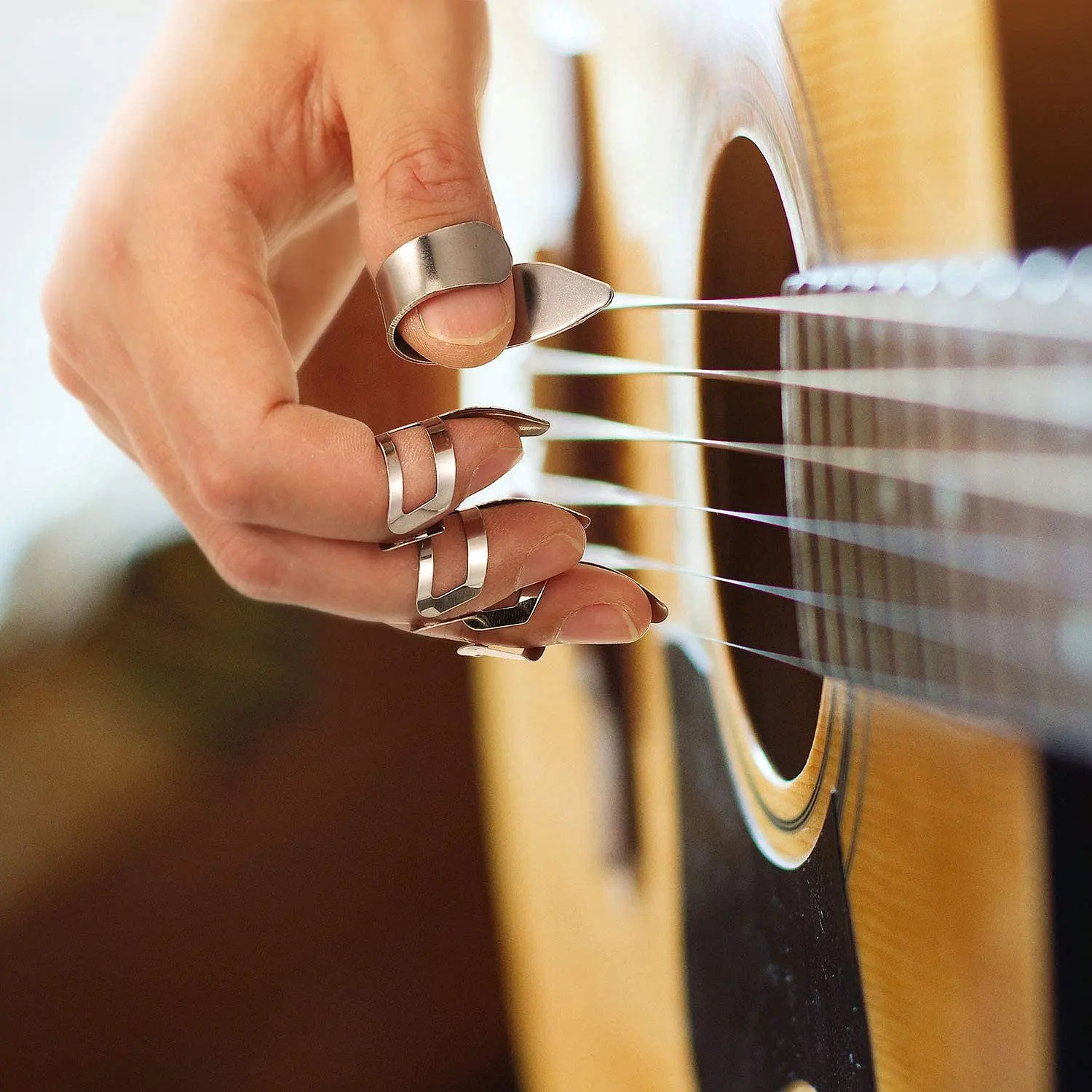 8 pçs guitarra polegar dedo palhetas de aço inoxidável com caixa de plástico para guitarra elétrica baixo ukulele (prata)