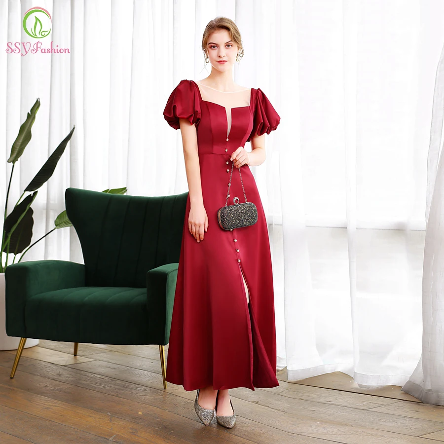 

Clearance Simple Wine Red Satin Evening Dress Banquet Elegant Backless Puff Sleeve Long Formal Gown Vestido De Noche