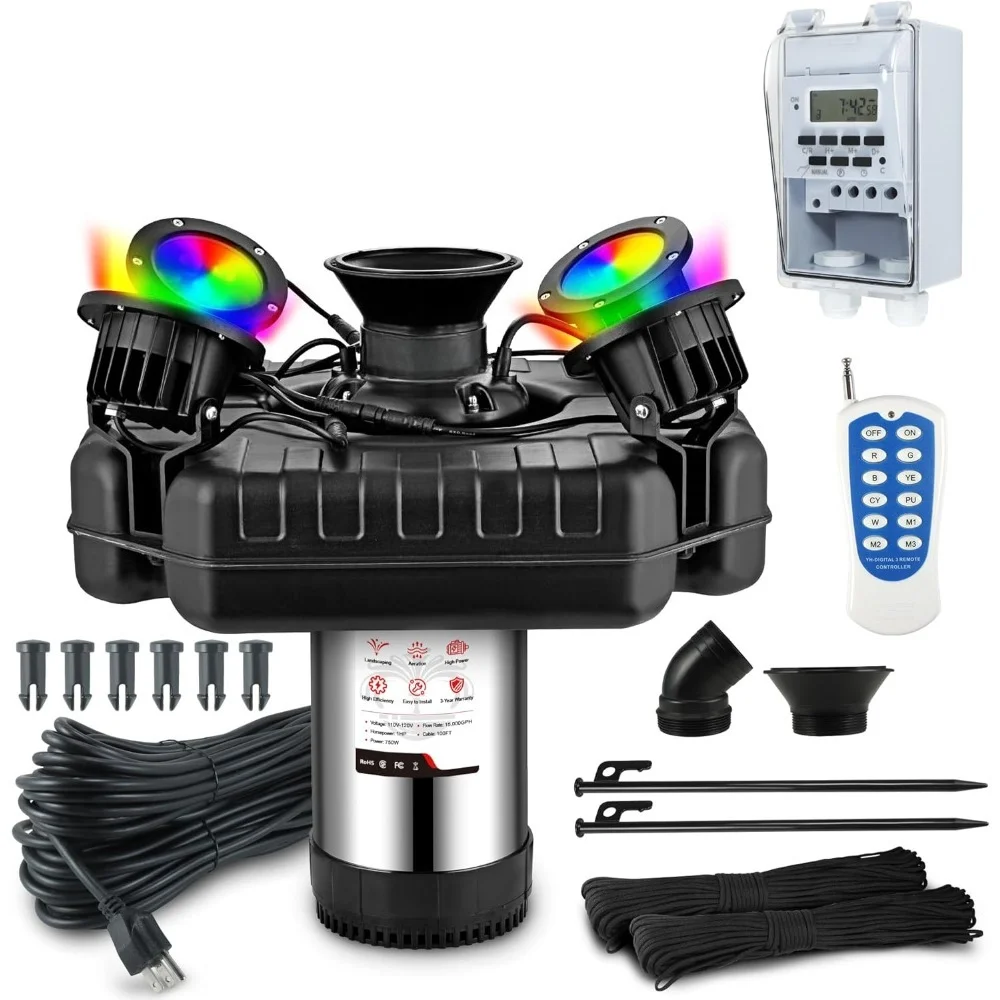 Floating Pond Fountain Aerator 1HP 750W 110V/220v with 4 RGB Lights Stainless Steel Pump for Ponds Lakes Pools