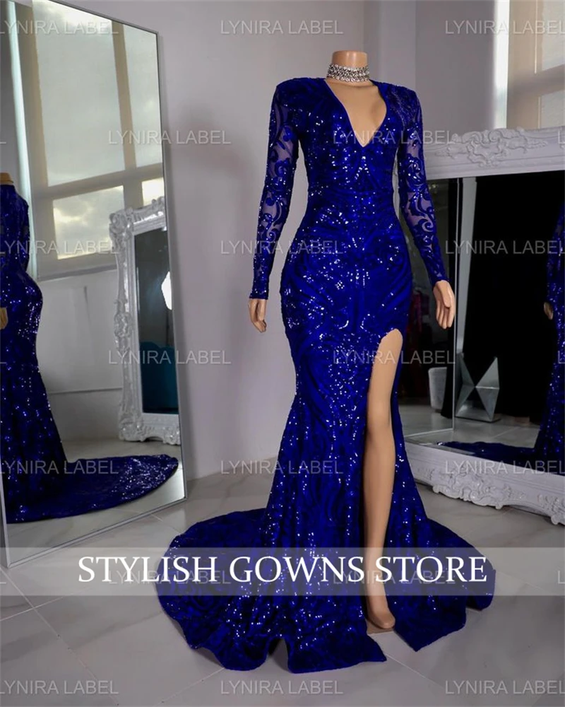 Azul Royal Deep V Neck Long Prom Dress Meninas Pretas 2024 Lantejoula Birthday Party Dresses Com Full Sleeve Evening Gowns Personalizado