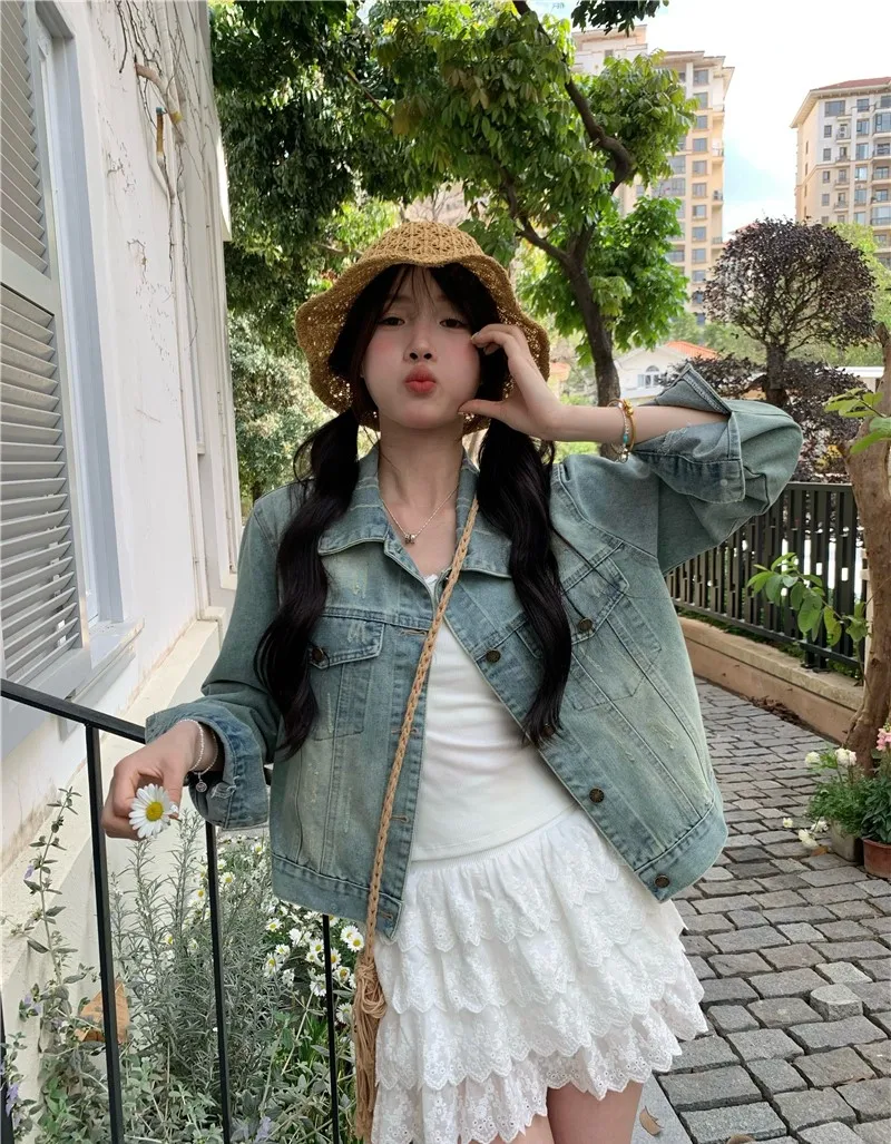 Denim-Mäntel für Damen, Sommer-Canvas, ausgehöhlte Taschen, minimalistische Schärpen, Ballonärmel, leichte Strandmode-Jacke