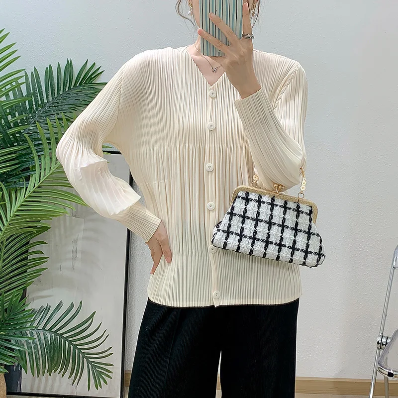 Women V Neck Pleated Blouse Long Sleeve Button Down Solid Loose Miyake Pleated Shirt Top