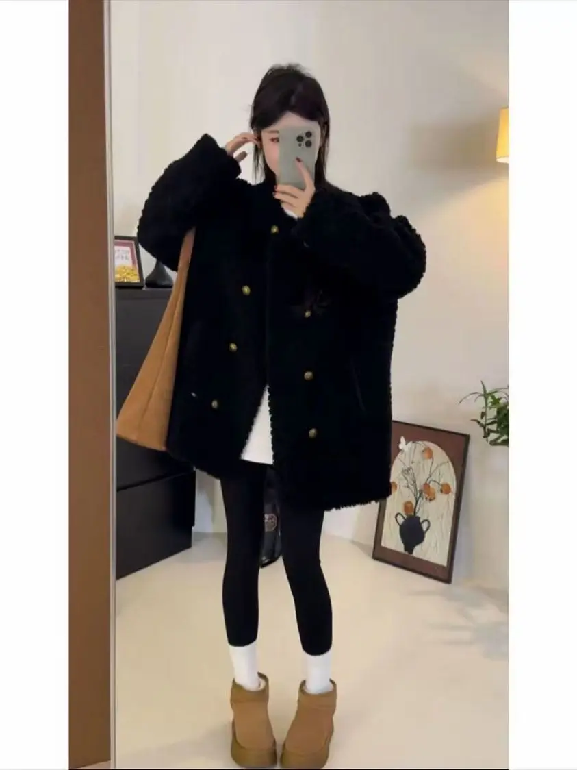 

Thiened Lamb Velvet Warm Coat for Women Loose Double Breasted Retro Pure Color Big Brand Autumn Winter Ladies Outerwear