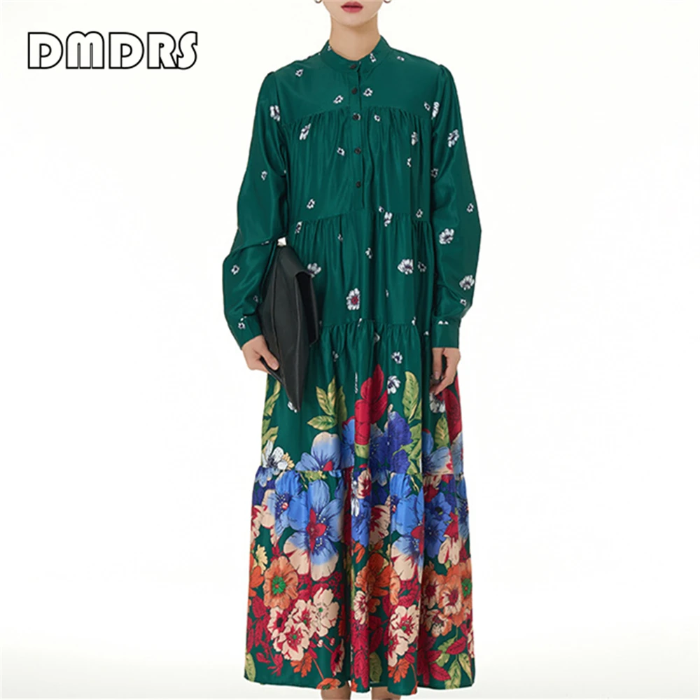 

Shirt Neck Long Women Dress Flower Printed Emerald Full Sleeves Real Images 2024 New Fashion Swing Plus Size Dresses